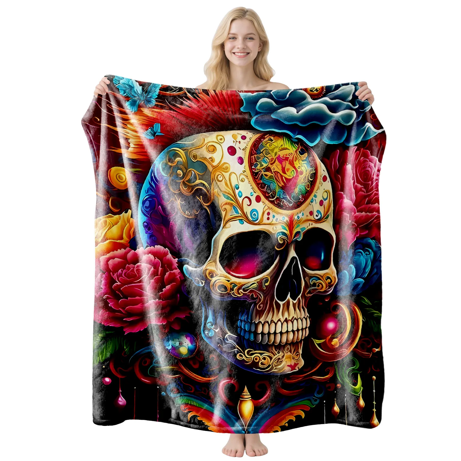 Blanket Throw Colorful Sugar Skull Rose Flower Gothic Cozy Sofa Bed Blankets Halloween Day of The Dead Gift Blanket