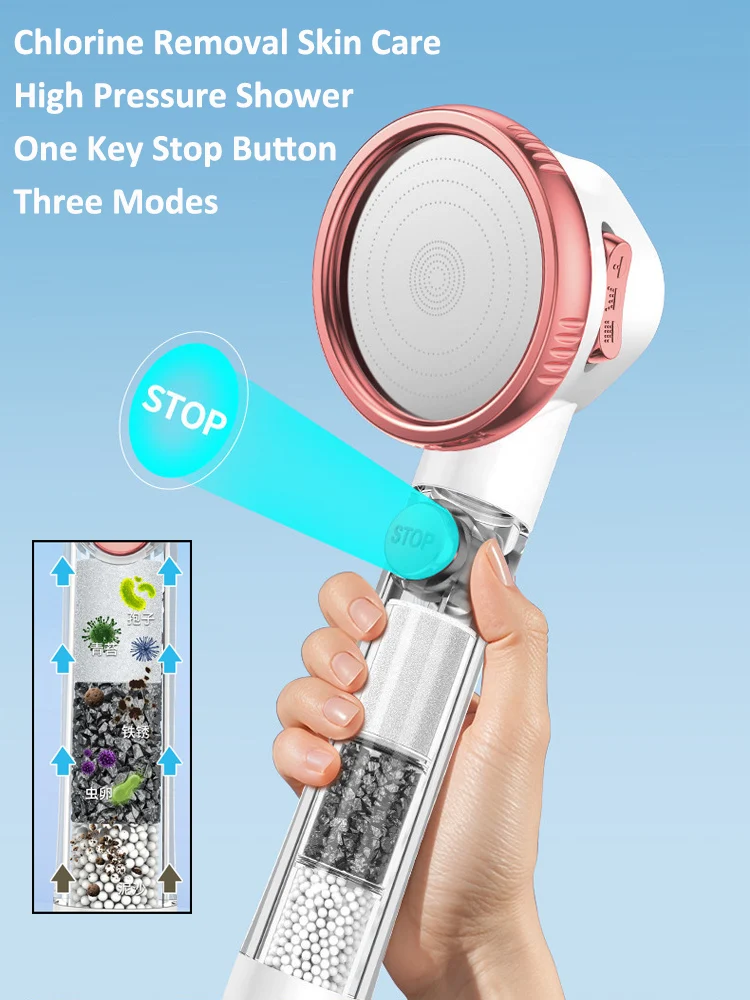 Filtered Shower Head with Stop Button Filter Beads Anti Limestone High-Pressure Water Saving Handheld Showerheads for Bathroom