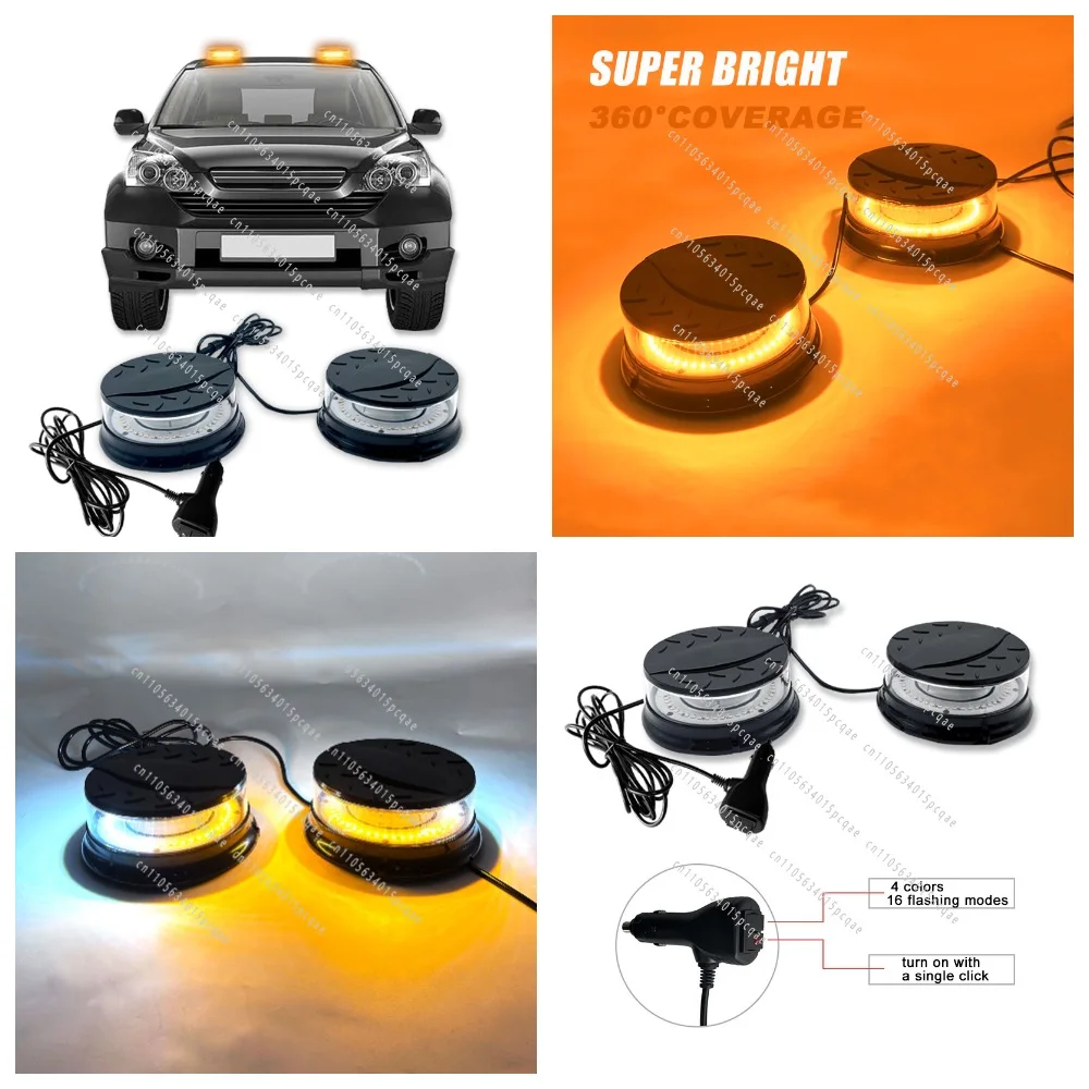 Pair of Yellow LED Strobe Warning Lights with Magnetic Base for Construction Vehicles 12-24V