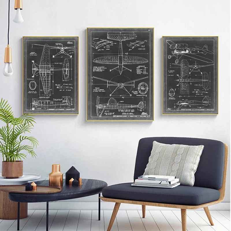 Retro Airplane Blueprint Poster Black And White Biplane Patent Canvas Vintage Aesthetic Home Decor WallArt LivingRoom Decoration