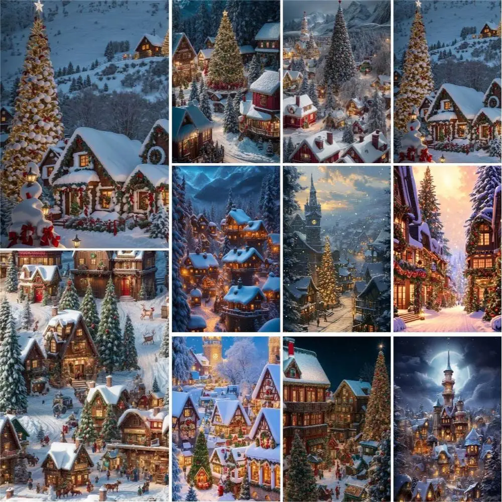 

1pc frameless Christmas Snow Town Landscape Canvas Painting Package Diy Paint By Numbers Crafts Handpainted Picture With Drawing