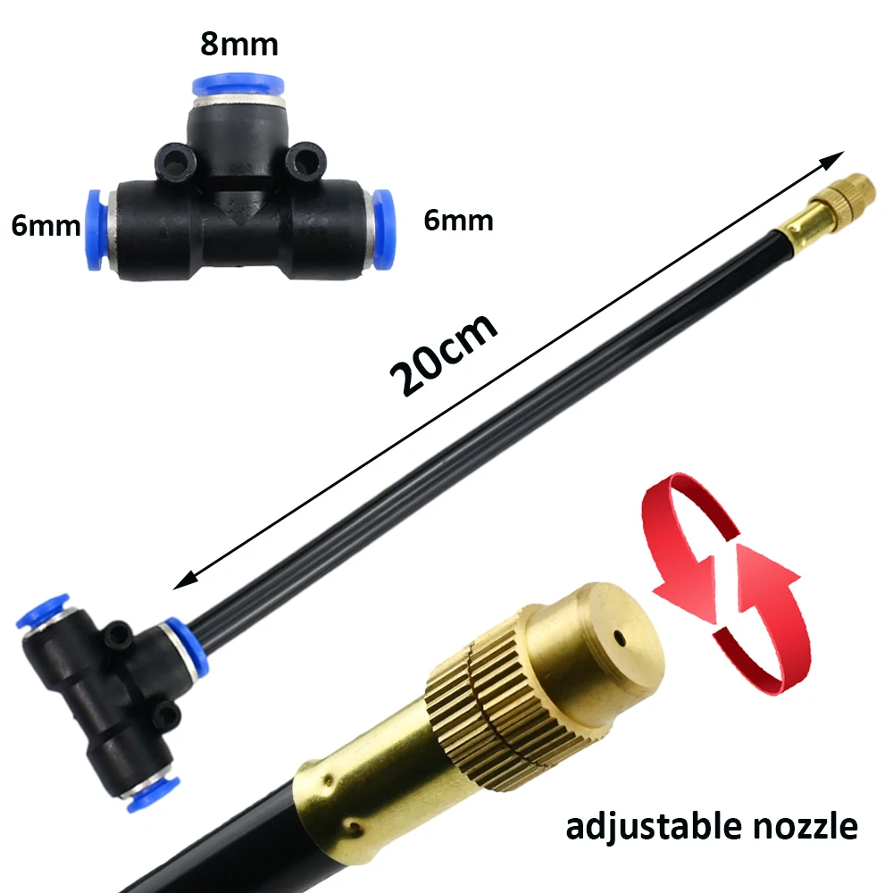 Boquilla DE NEBULIZACIÓN atomizadora de flexión libre con T para manguera, 6MM, 8MM, 10MM, 12MM, pulverizador de agua para jardín y Patio, 6 piezas