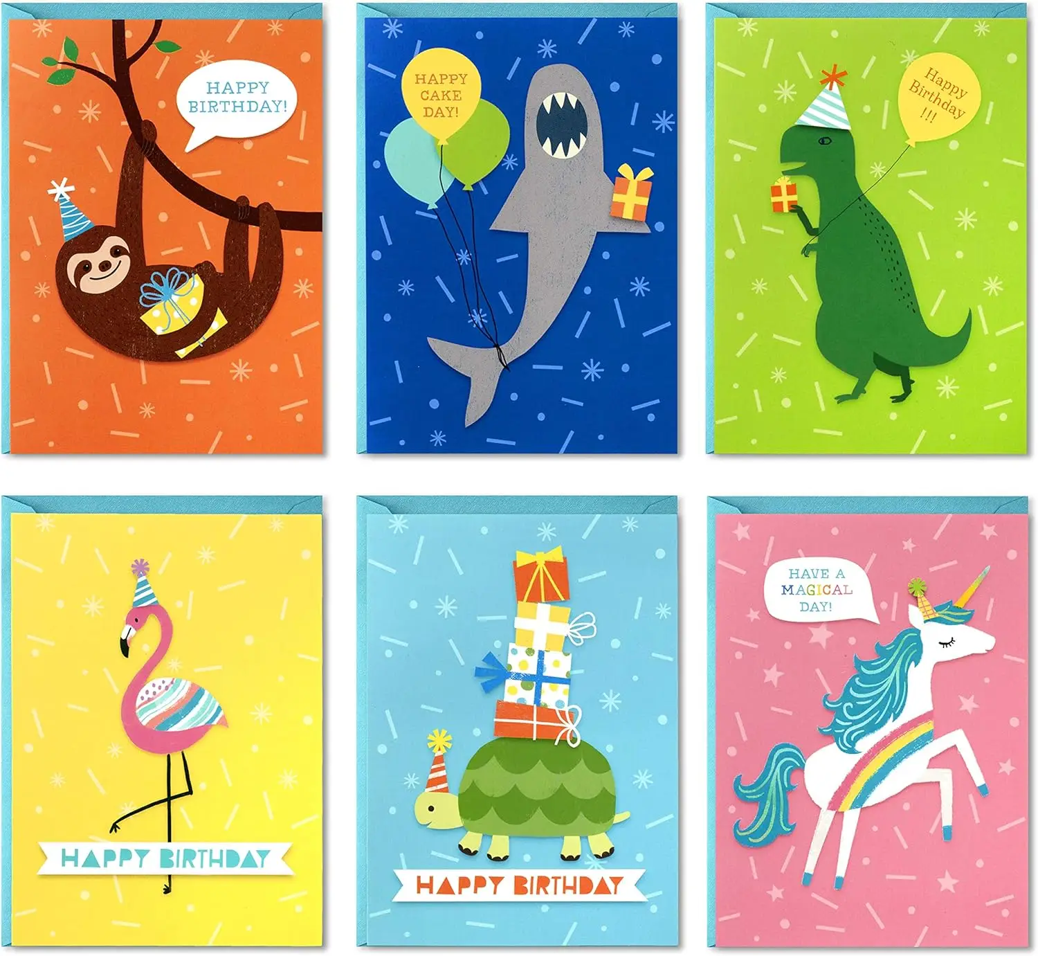 Birthday Cards for Kids Assortment, 48 Cards with (Dinosaurs, Sloths, Unicorns, Flamingos, Turtles, Sharks)