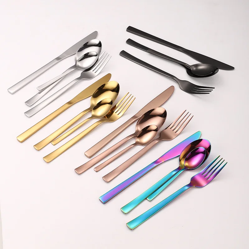 Stainless Steel Tableware Set 16-piece Set Kraft Paper Box Square Handle Titanium-plated Stainless Steel Tableware
