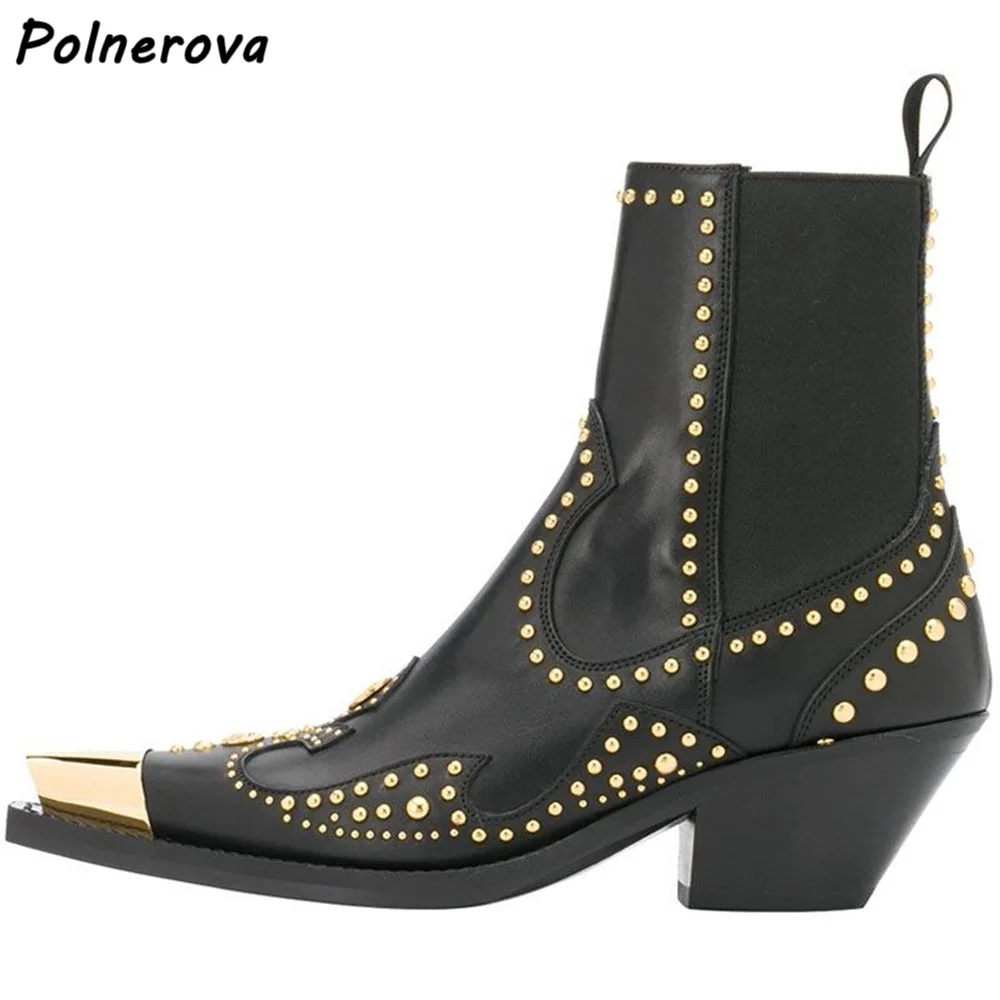 أسود معدن تو حذاء من الجلد برشام الانزلاق على الخياطة كعب مربع الانزلاق على رعاة البقر المدرج أحذية النساء موضة كول بنات حذاء من الجلد