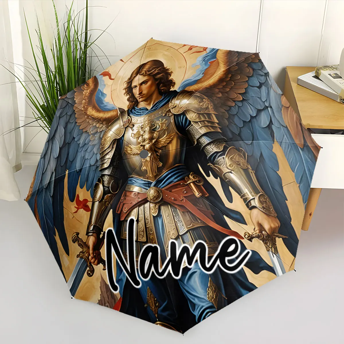 Custom Name Umbrella Angel Warrior Design on Umbrella Print 8 Iron Ribs Folding Umbrella Auto-Open Fashion Sunshade