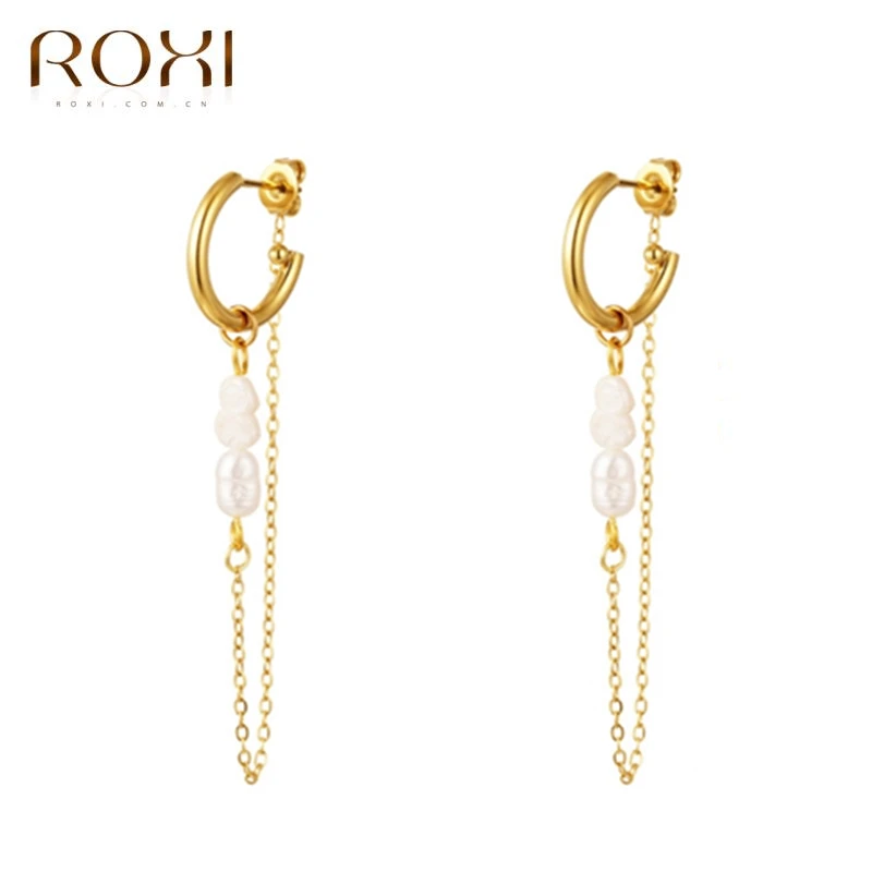 ROXI Long Chain Baroque Irregular Pearls Earrings for Women 925 Sterling Silver C Shape Stud Earrings Jewelry Pendientes Plata