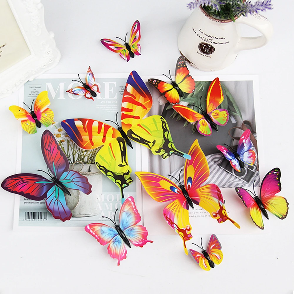 12Pcs Butterfly Wall Sticker 3D Red Blue Butterfly Fridge Magnet Kids Room Wall Sticker Decor Valentines Decorations Home Decor