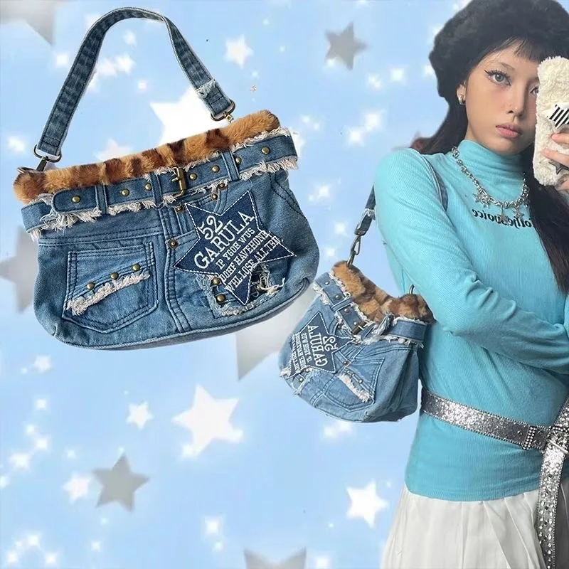 

Denim Star Shoulder Bag for Women Luxury Designer Vintage Y2k Underarm Bag Punk Girls Cool Belt Fur Handbag High Street Harajuku