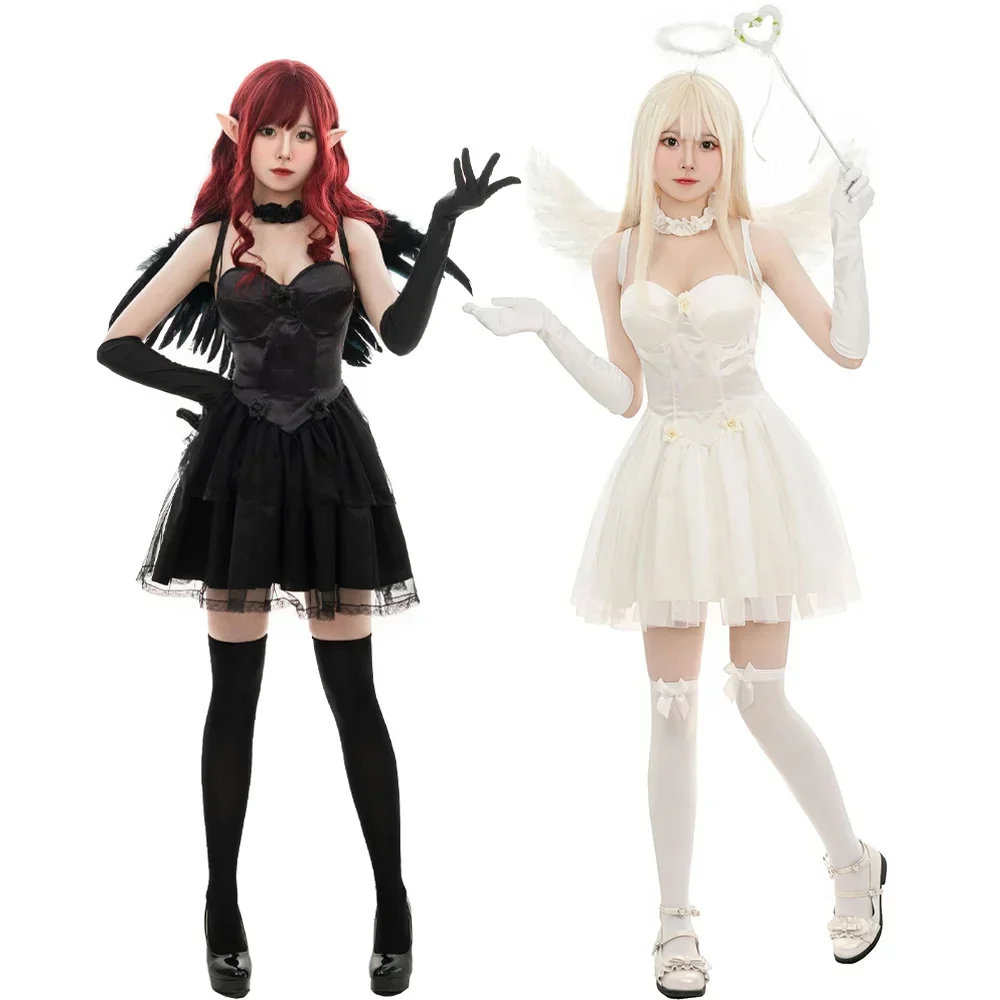 

White Angel and Fallen Dark Angels Devil Cosplay Gauze Dress for Women Feather Wings Elf Birthday Or Halloween Party Costume