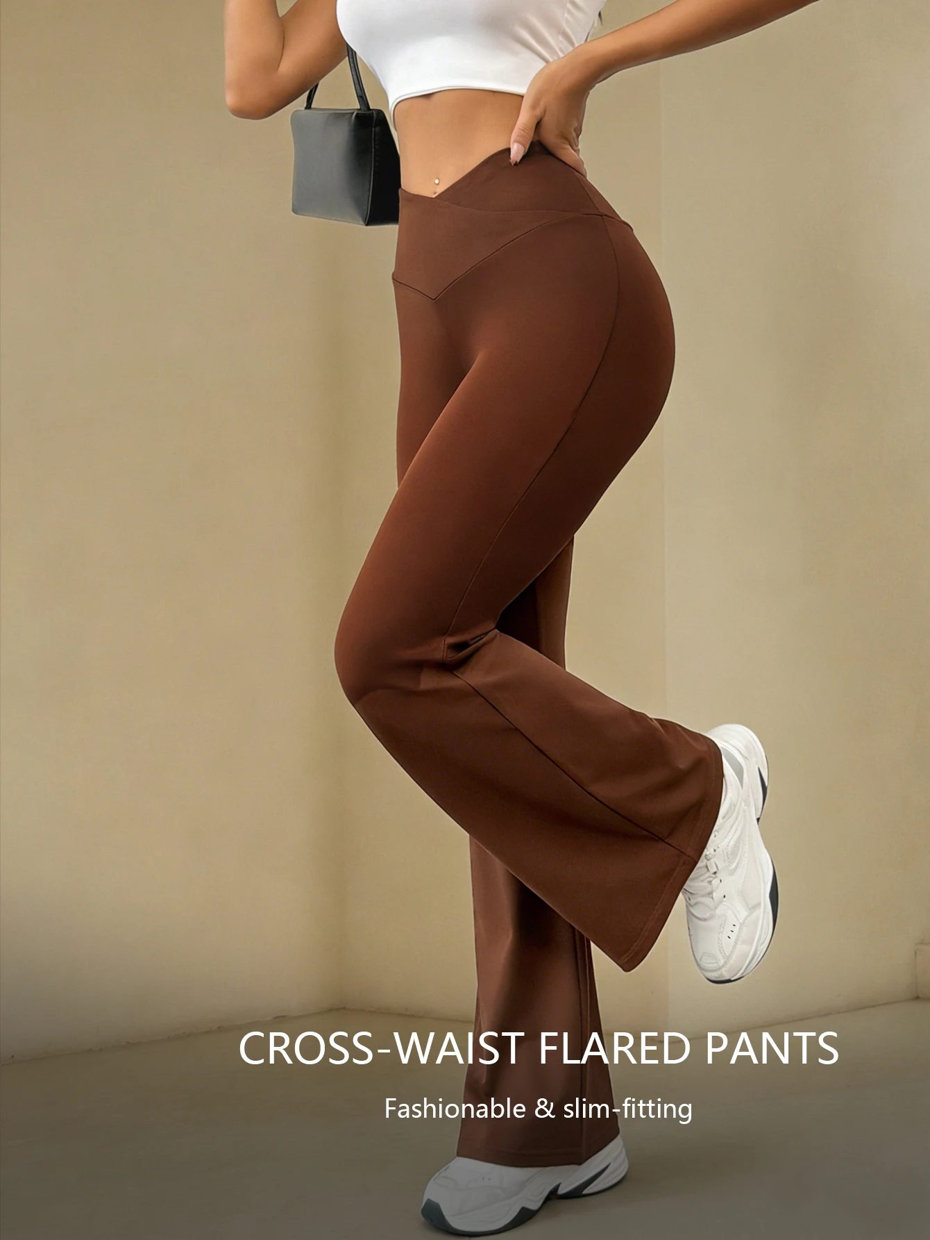 

Женские широкие расклешенные брюки с высокой талией | Весенне-летняя модная повседневная облегающая посадка, стандартный размер, эластичная ткань кофейно-коричневого цвета