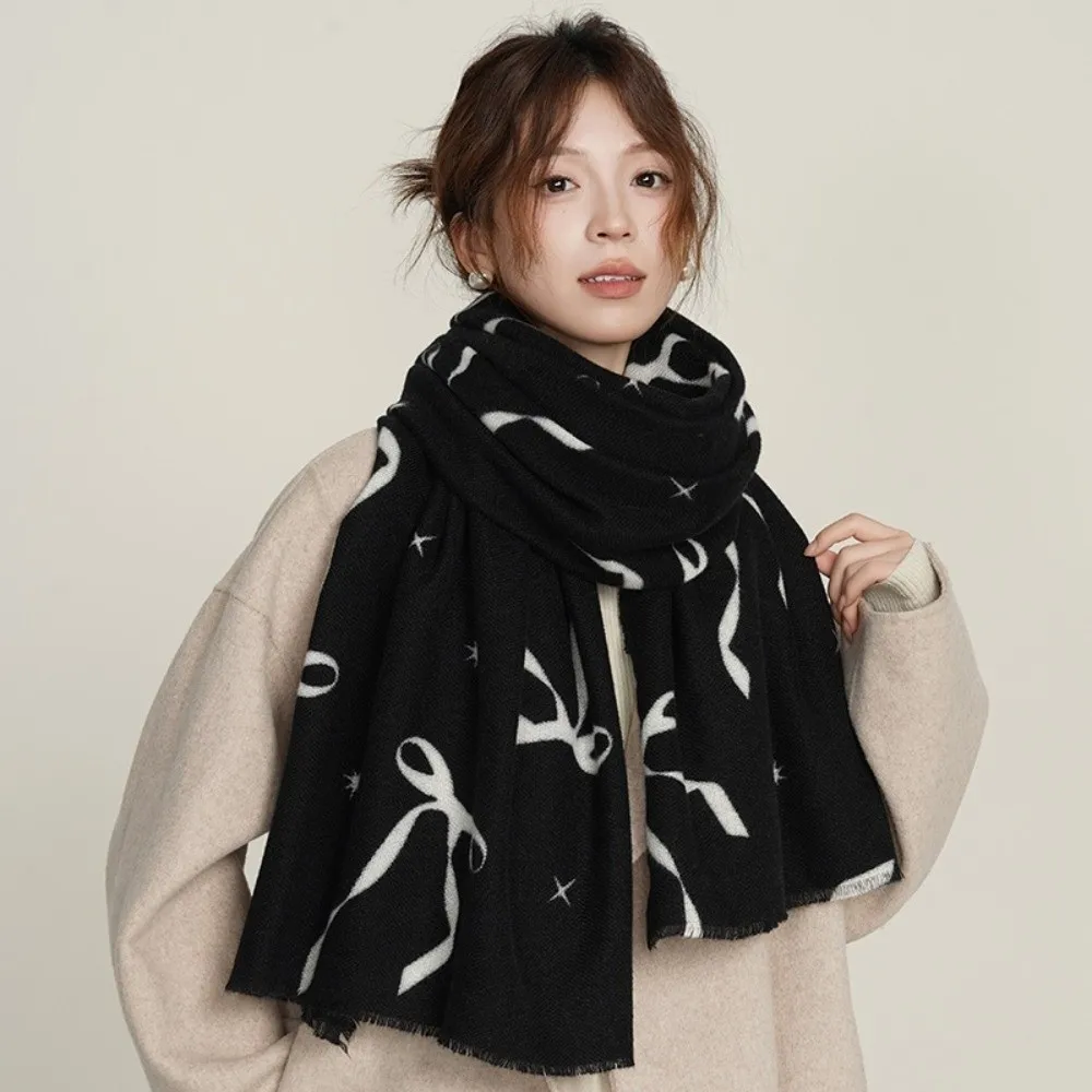 

Soft Printed Bow Wool Scarf Coldproof Warm Winter Cashmere Scarves Thicken Thermal Women Cashmere Shawl Coat Accessories