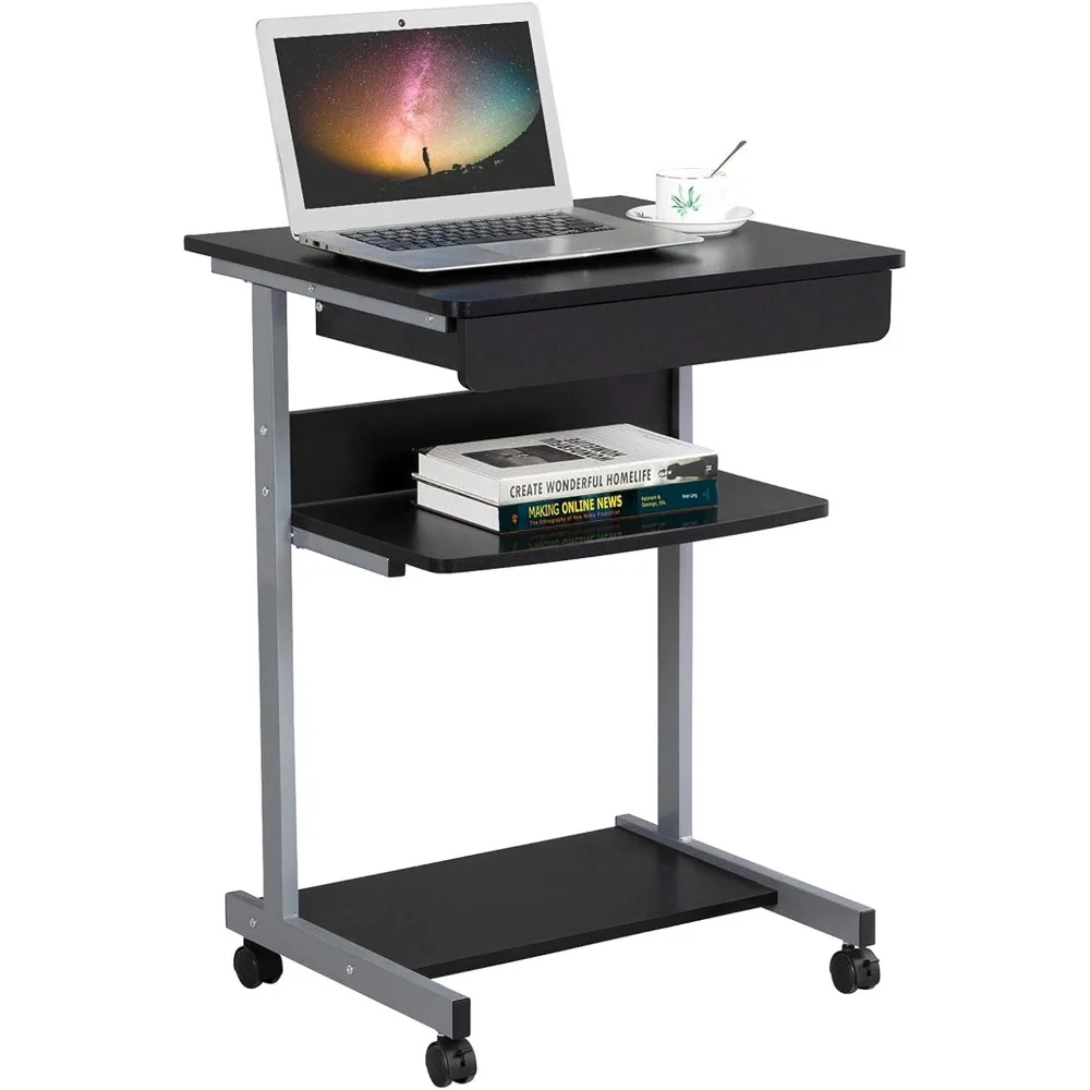 Mobile Compact Computer Desk Cart for Small Spaces, Work Workstation, Writing Desk Table with Drawers and Printer Shelf on Whee