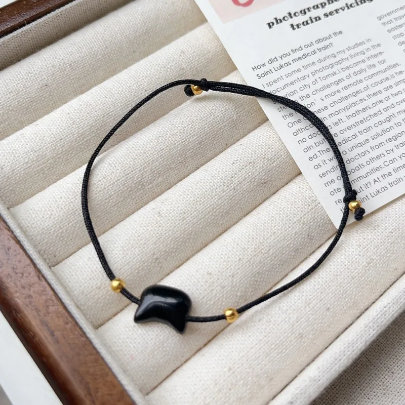 2pcs Natural Moonstone Bracelet Couple Friends Cute Cat Obsidian Charms Black Red Handmade Rope Bracelets Party Jewelry Gifts