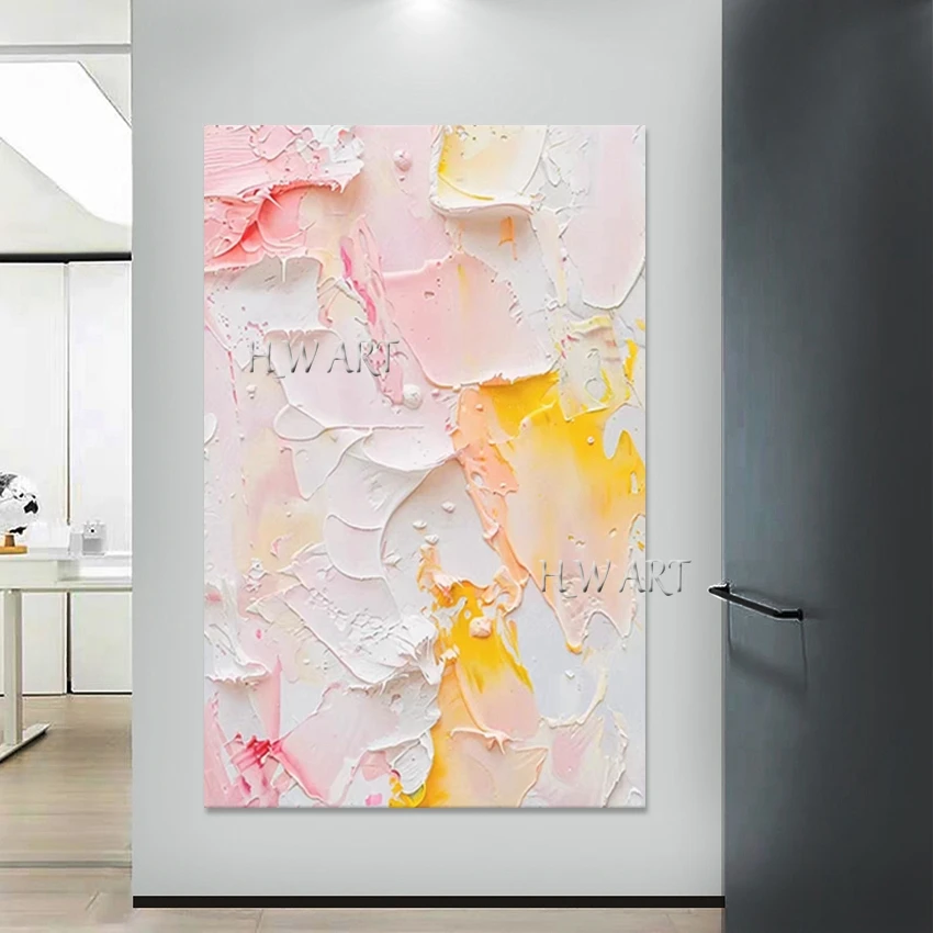 Palette Knife Canvas Art, Abstract Picture, High Quality Oil Paintings, White Pink Acrylic Design Artwork, Frameless, Wall Decor