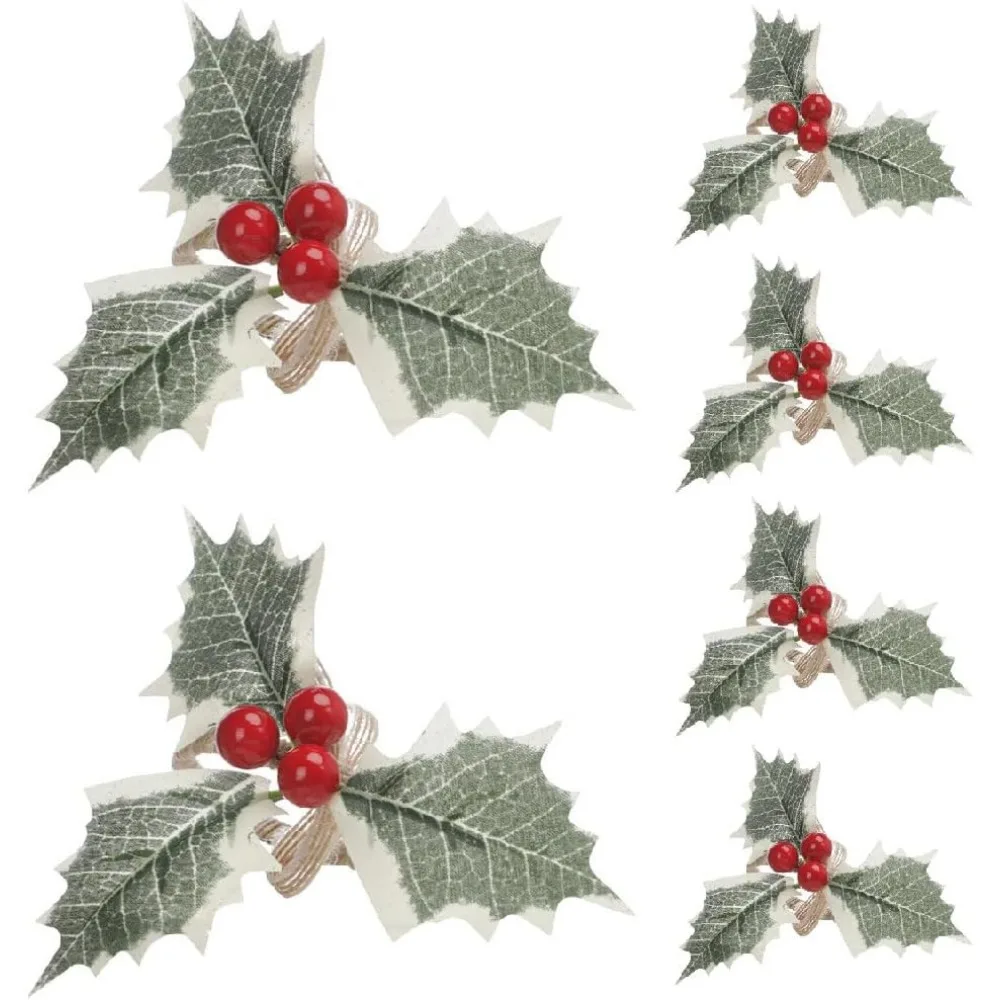 

Christmas Holly Leaves Napkin Rings Set of 6 Rustic Farmhouse Artificial Holly Red Berry Napkin Ring Holders for Holiday Seasona