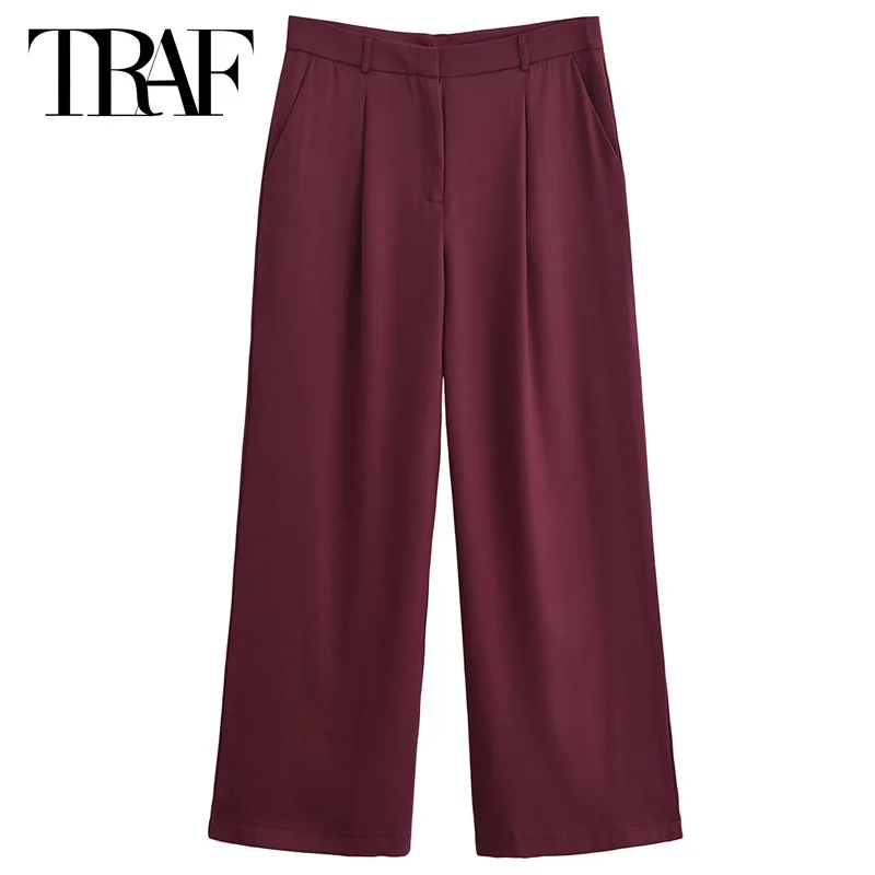 

TRAF Women's Pants Burgundy High Waist Trousers Office Straight Leg Pants Fashion High Shot Pants Woman Streetwear Woman Pants