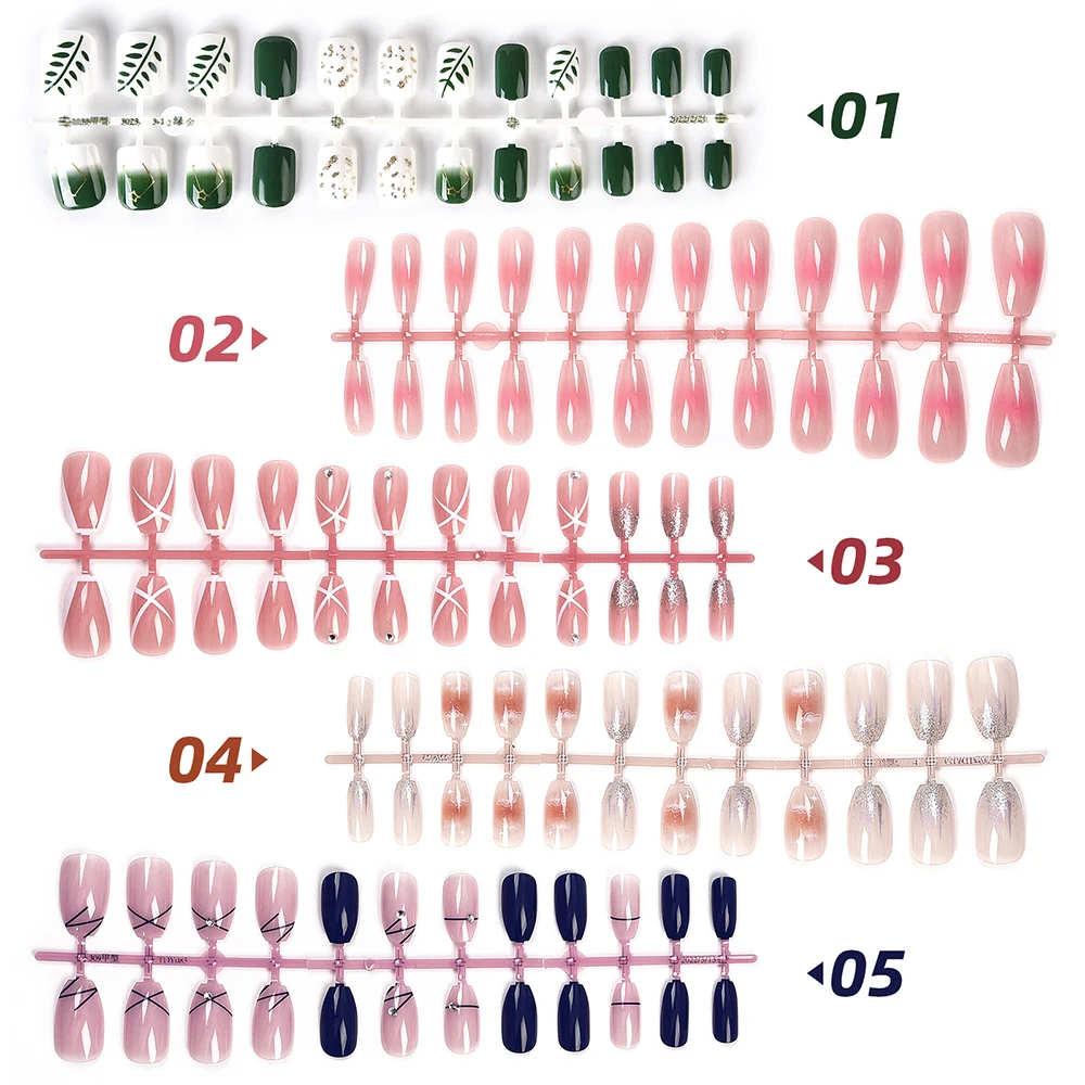 28/24 Pcs Almond Press on Nails with Designs Short Colored False Nails Full Cover Coffin Acrylic Fake Nail Tips Decoration Set