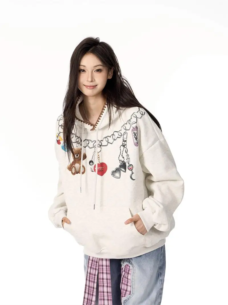 LISM women's winter clothes y2k hoodies sweatshirt 2025 Retro Bear Nelace Hoodie Women Loose Casual Versatile Overhead Top