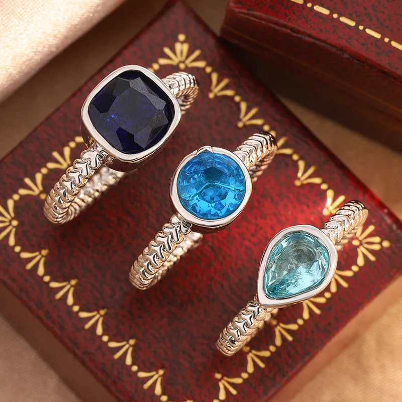 Blue gemstone ring three piece sets fashion new in glossy hip-hop style circular rings for women stacking  vintage party jewelry