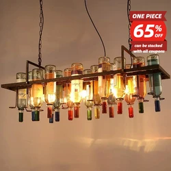 American Retro Industrial Rust Metal Colored Wine Bottle Glass Chandelier Coffee Shop Bar Restaurant LED Decorative Pendant Lamp