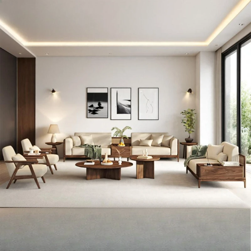 

New Chinese-style North American black walnut solid wood sofa Zen modern Song-style aesthetics living room large apartment villa
