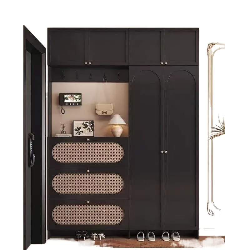 High-end rattan ultra-thin tipping bucket shoe cabinet, entrance integrated heightening multi-functional shoe and hat cabinet