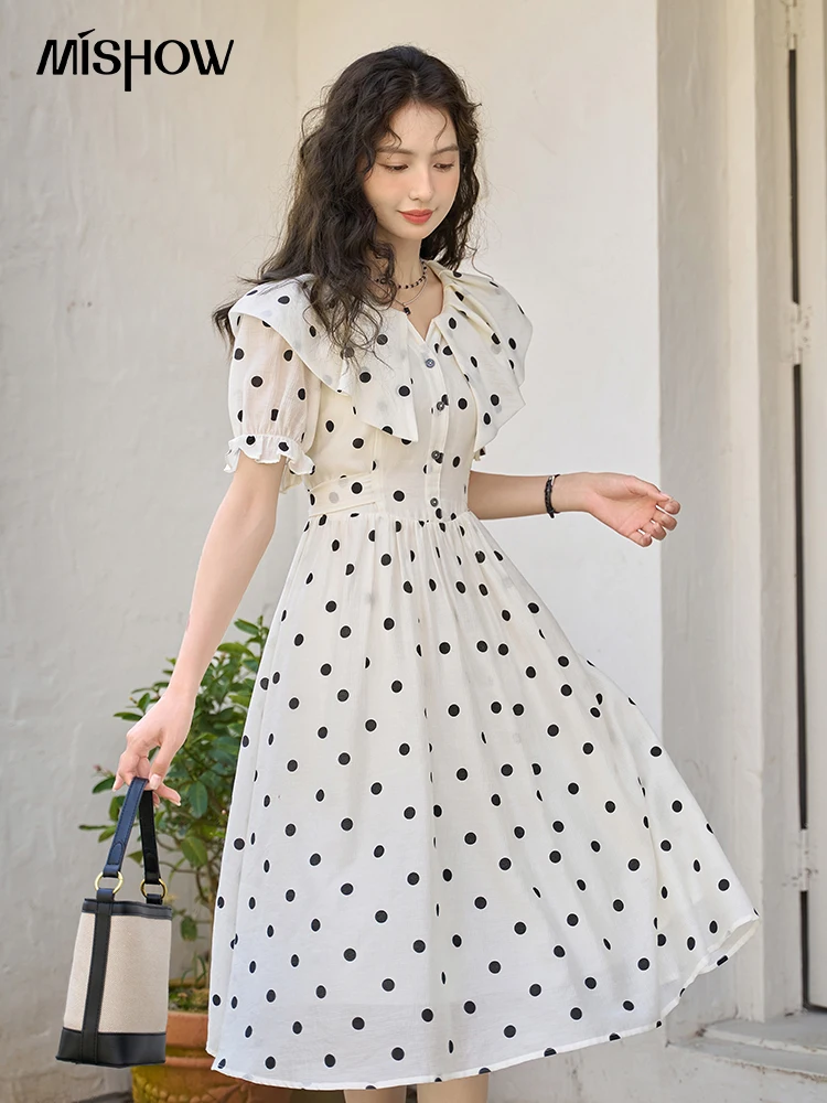 MISHOW Polka Dot Dress for Women 2023 Summer French Waist A-LINE Puff Sleeve Turn-down Collar Female Sweet Dresses MXC38L1452