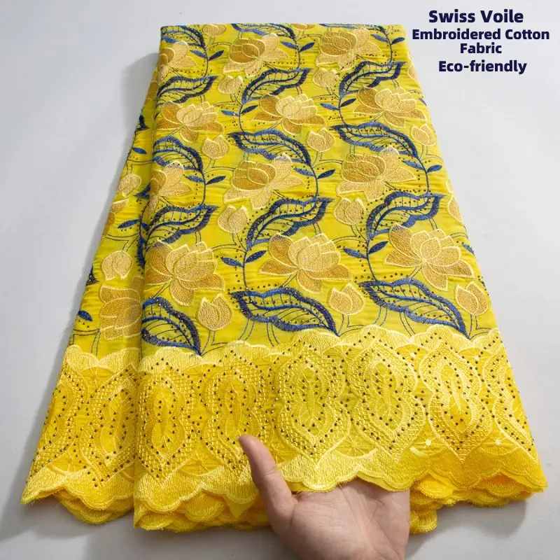 Tecido de renda de algodão Dubai para mulheres, cristais Swiss Voile, elegante vestido africano, costurar, mais recente, Suíça, 5 jardas, A3787