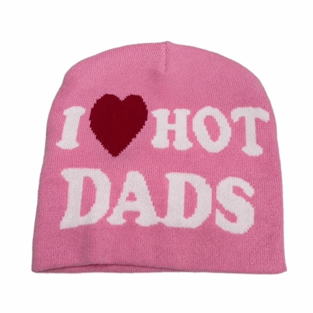 Retro I Love Hot Moms/dads Printed Knitted Hats Cold Proof Casual Beanie Caps Windproof Pullover Hat Unisex
