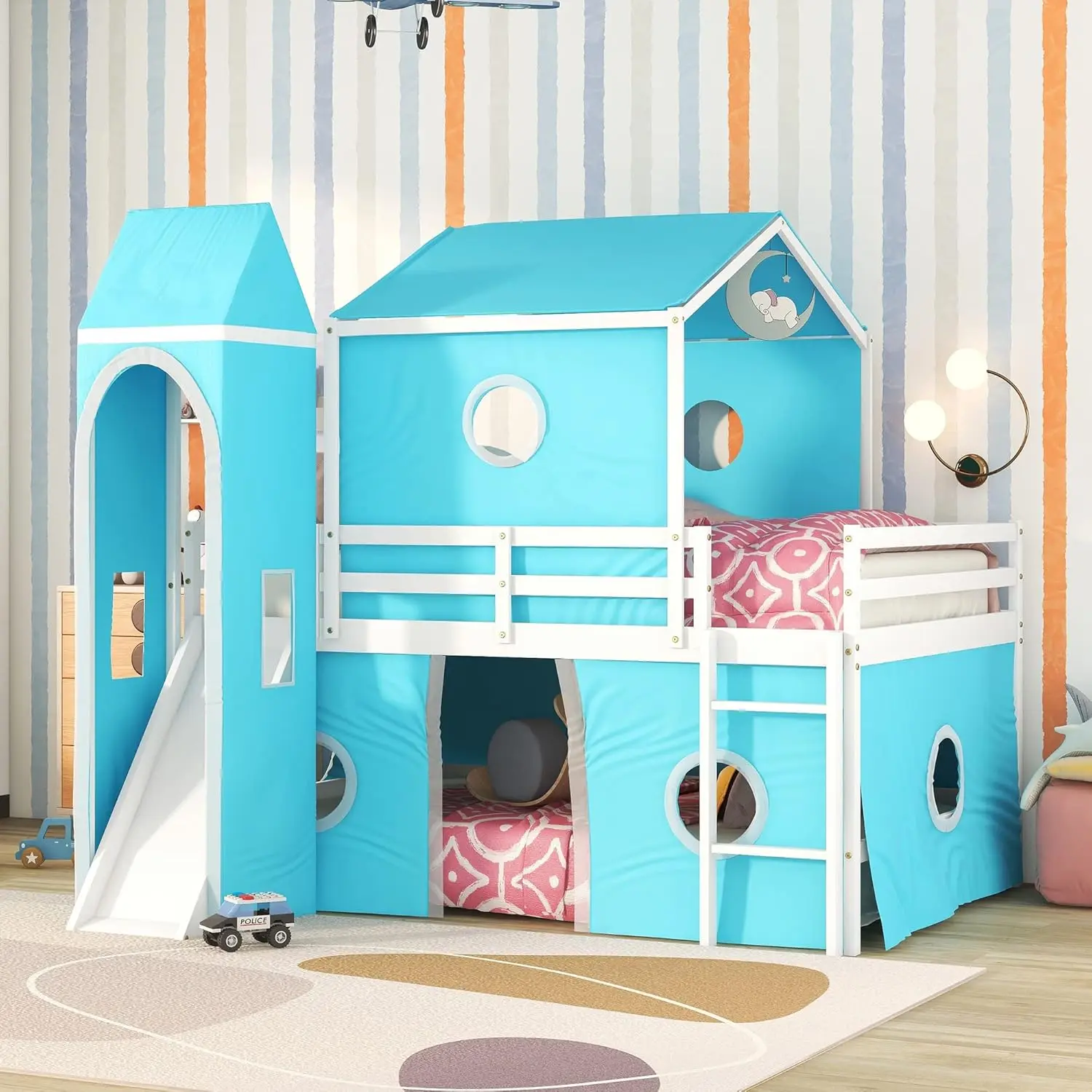 Harper & Bright Designs Full Size Loft Bed With Slide & Curtains And Tower, Solid Wood Low Loft Bed Frame With Tent, Full Over