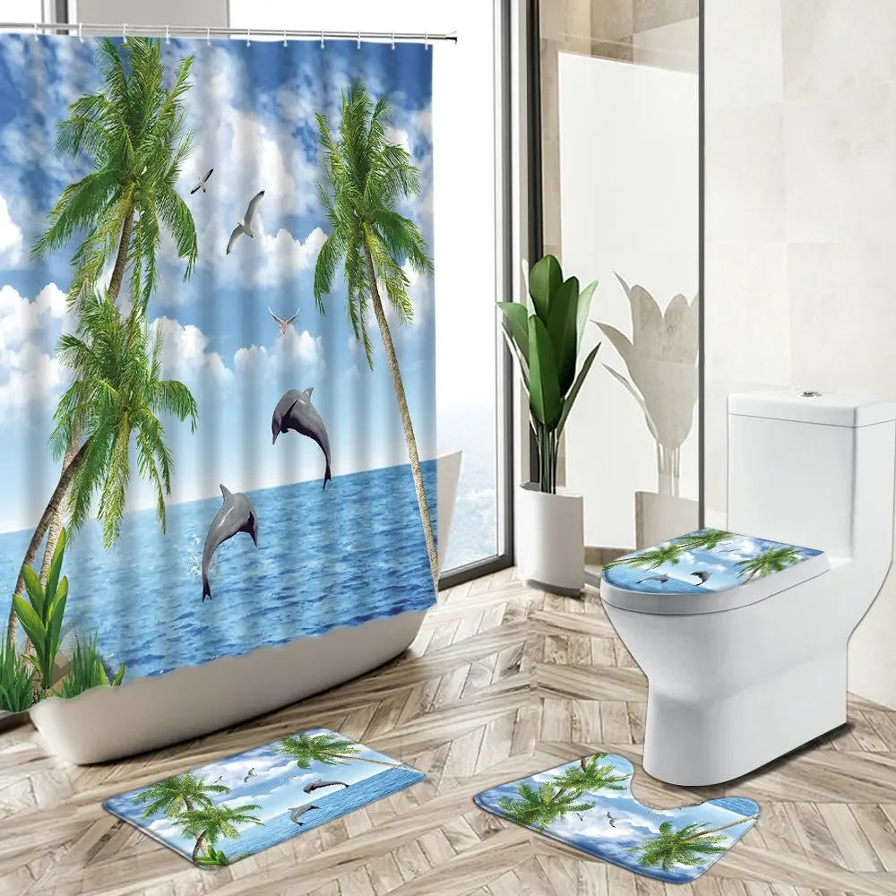 Ocean Tropical Green Plant Scenery Shower Curtain Palm Tung Tree Dolphin Summer Beach Scenery Rug Toilet Cover Bathroom Deco Set