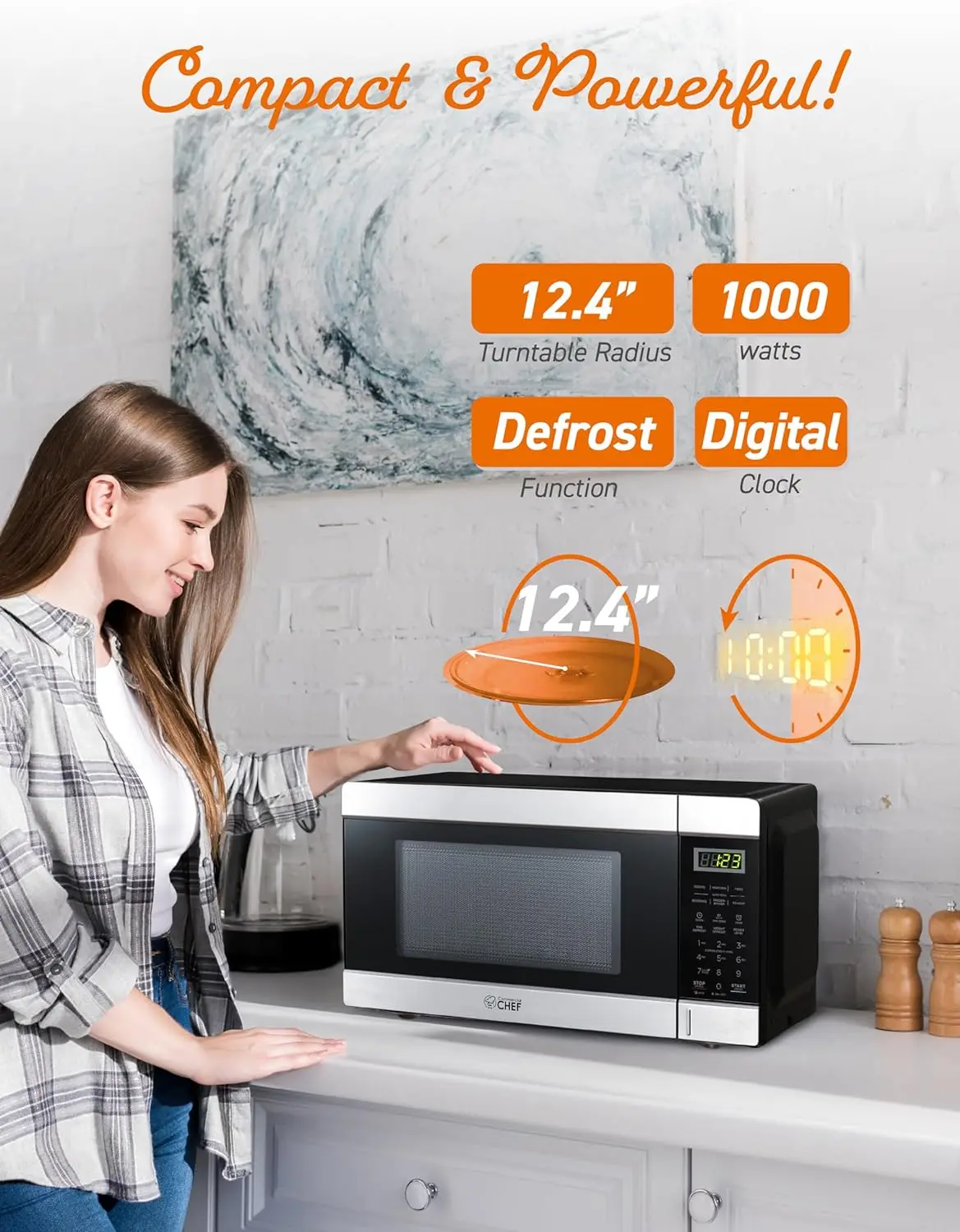 COMMERCIAL CHEF 1.1 Cu Ft Microwave with 10 Power Levels, Small Microwave with Push Button, 1000W Countertop Microwave