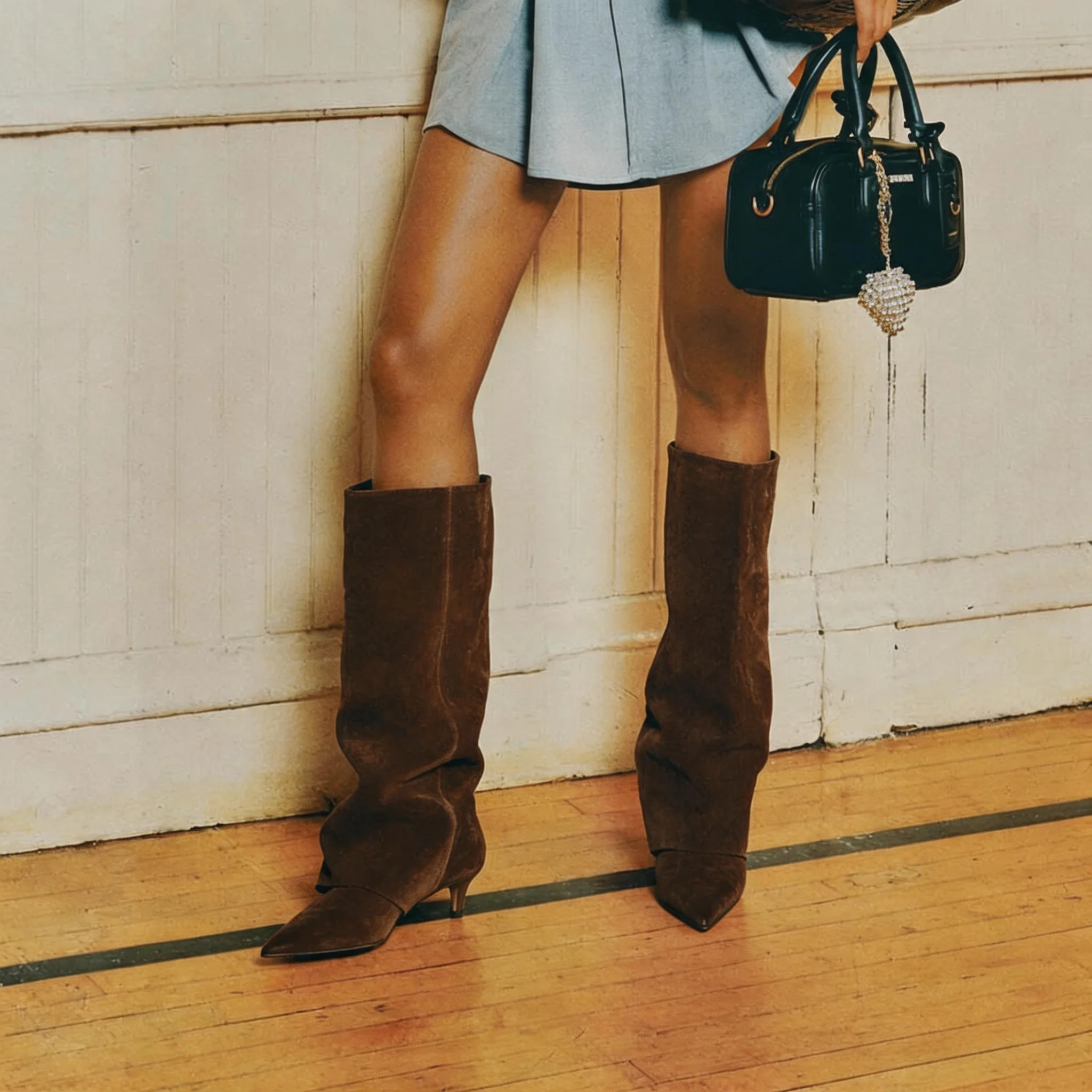 Botas Altas de Ante Sintético Plegables para Mujer, con Punta Fina, Tacón Bajo Estrecho y Caña Alta, Elegantes para Uso Diario