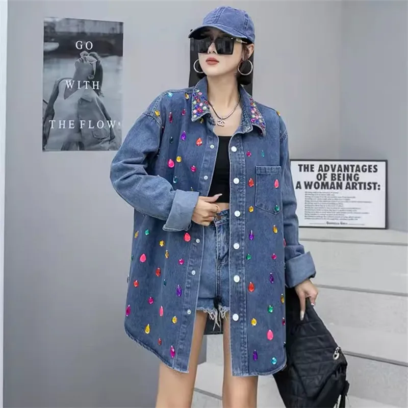 Fashion Diamond Blue Thin Denim Shirt Coat Women Casual Lapel Single-breasted Long Sleeve Jeans Jackets Streetwear Spring New