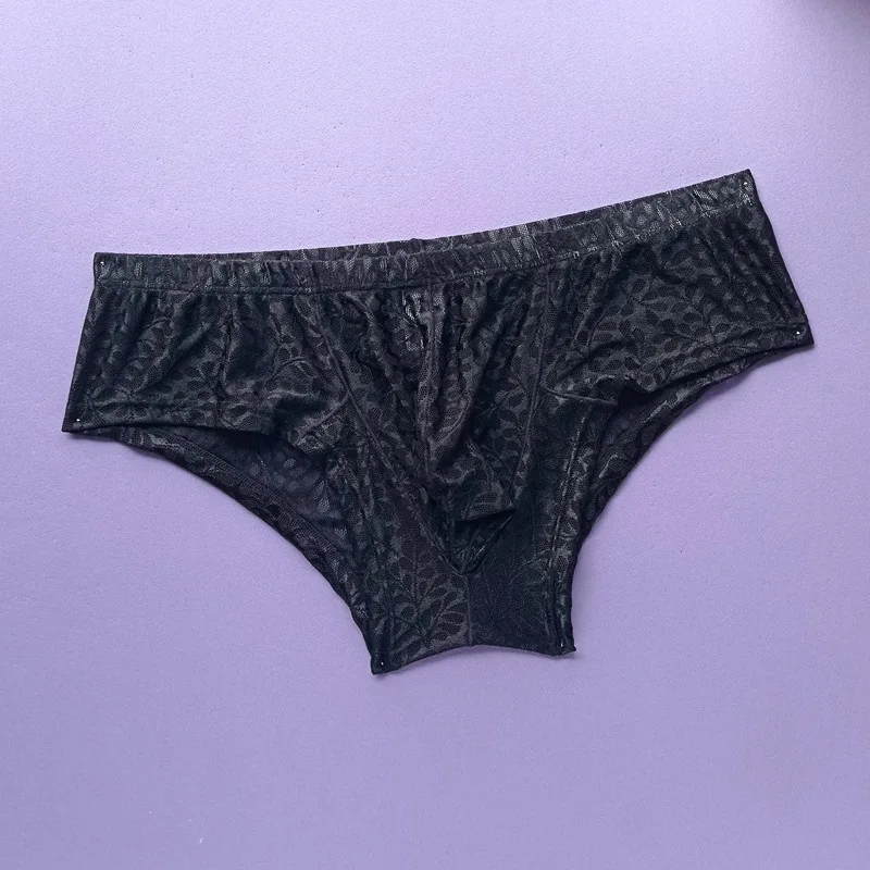 Men's Sexy Shiny U-shaped Pouch Underwear Lace Transparent Man Panties Low Waist Briefs Slip Gay Bikini Lingerie