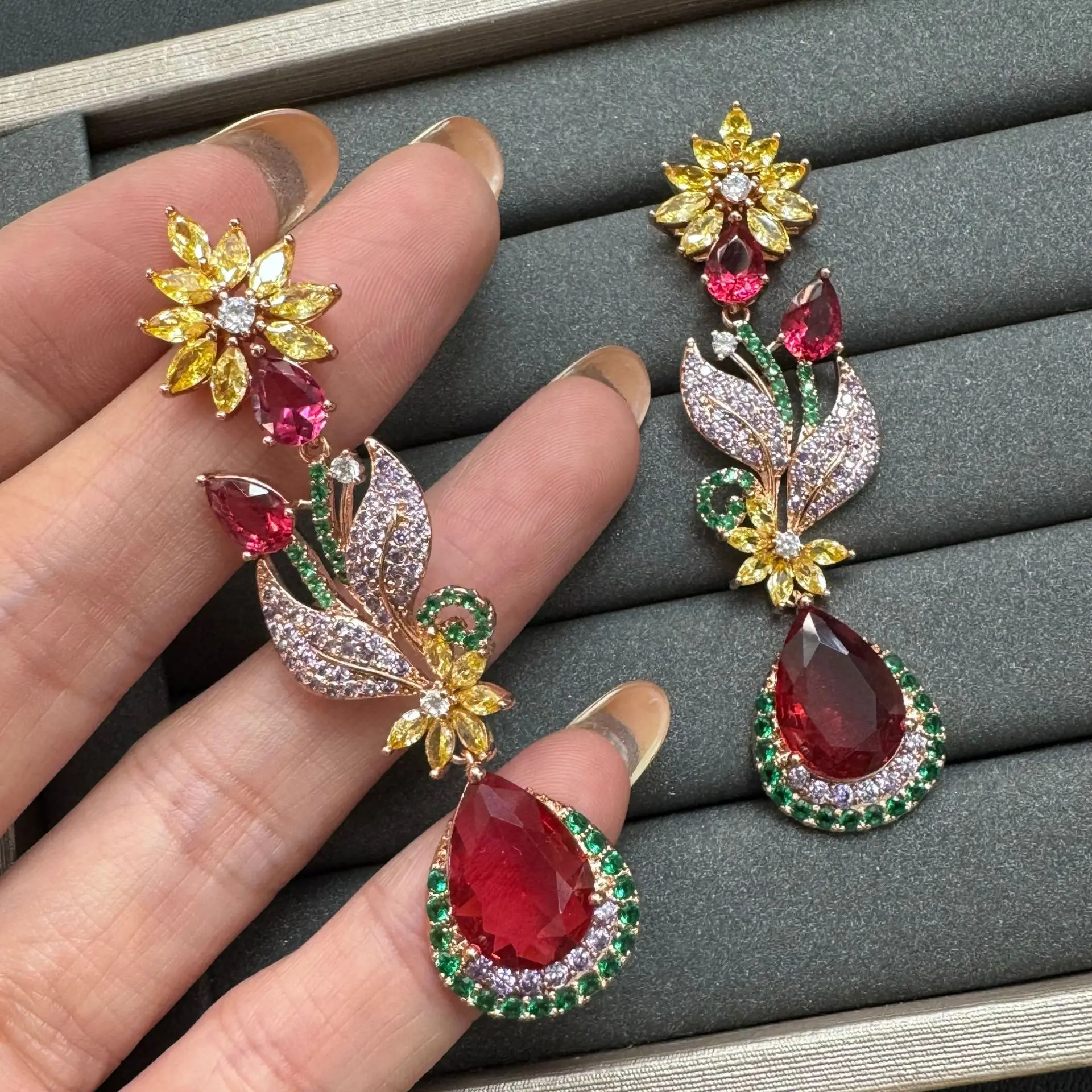 luxury zirconia earrings for women jewelry dinner party long dangling earrings flower floral leaf blue green red shiny jewelry