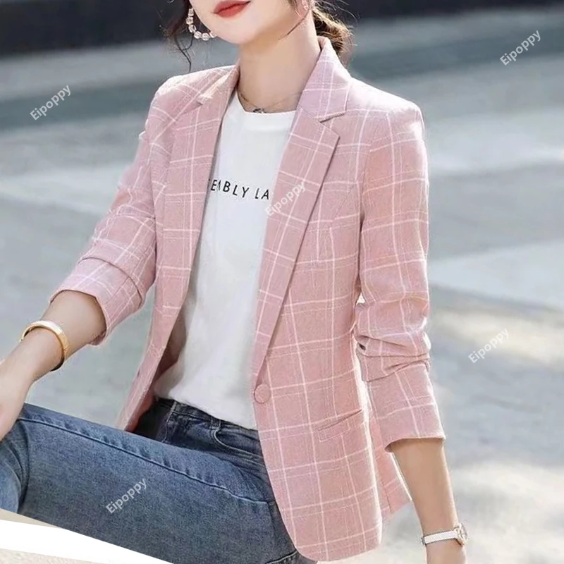 2024 New Women\'s Notched Temperament Simplicity Skinny Office Lady Business Casual Plaid Printing Spring Summer Blazers