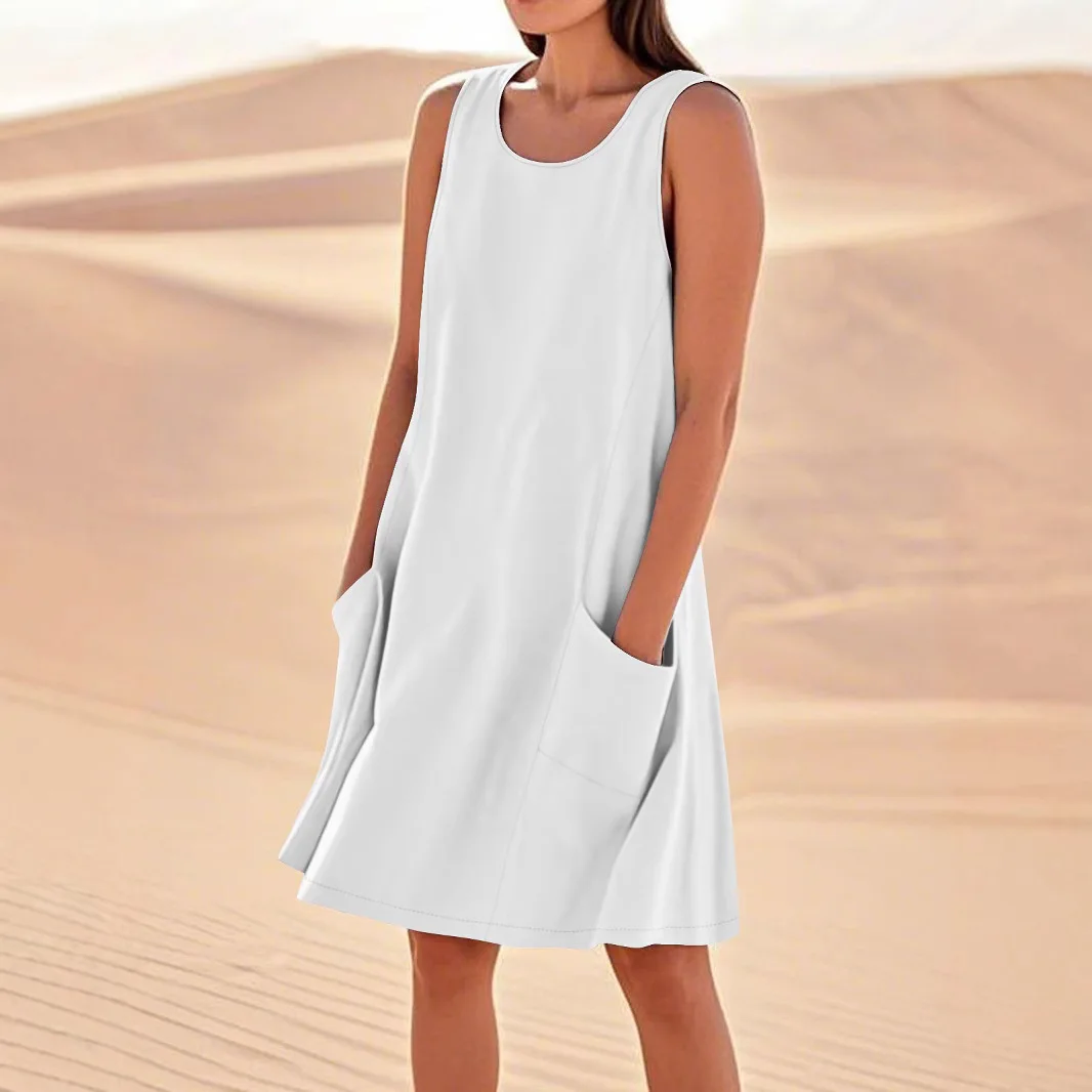 여성 느슨한 빈티지 프릴 Befree 드레스 섹시한 포켓 여름 조끼 탱크 Boho 캐주얼 휴일 파티 우아한 미디 드레스