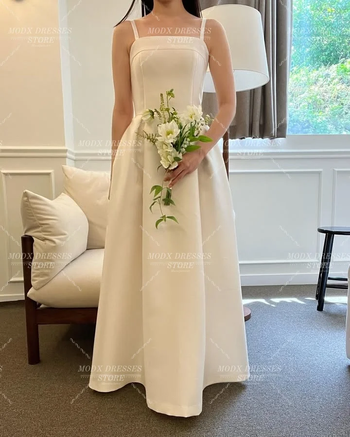 MODX 2025 Stylish Satin Spaghetti Straps Korean Wedding Dress with Bow Bridal Gown Floor Length Vestidos Novias Boda Women Custo
