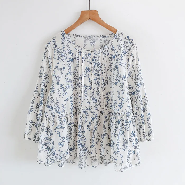 

Shirts Women Print Folds Loose Three Quarter Round Neck Tops Casual Y2k Spliced Single Breasted T Shirt Button Sweet Summer