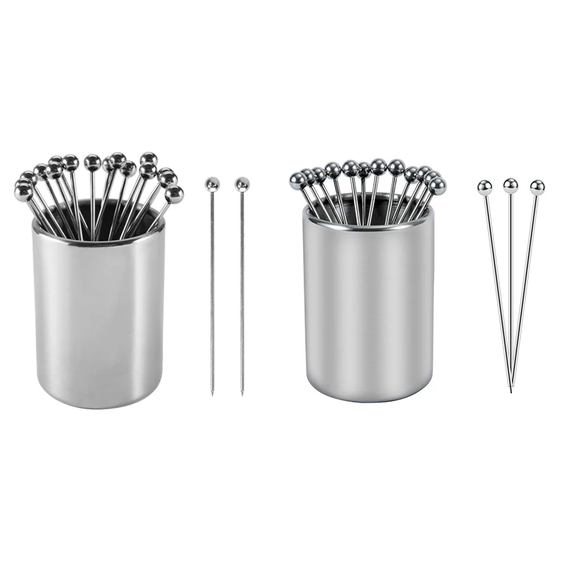 Metal Cocktail Picks Holder Set, 16 Cocktail Toothpicks Reusable Stainless Steel Decorative Toothpicks For Appetizers Durable