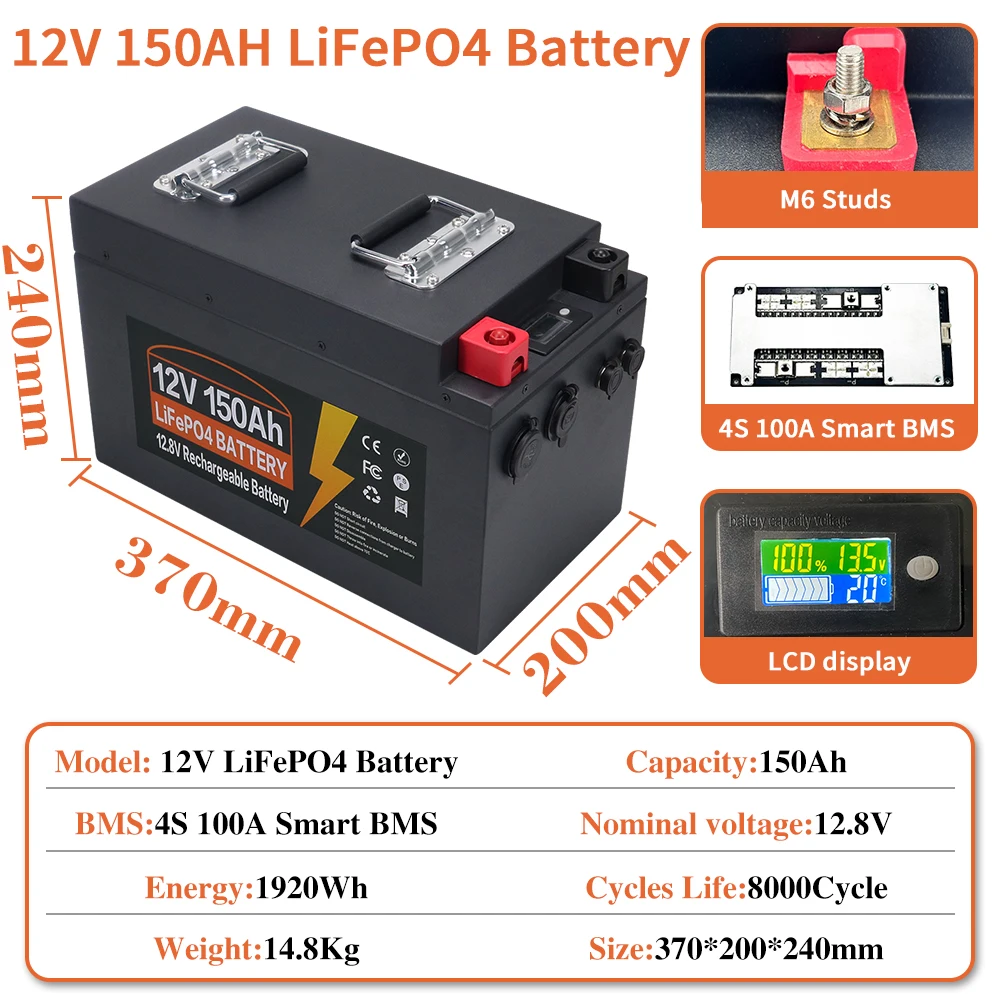 12V 150AH LiFePo4 Battery Built-in BMS Lithium Iron Phosphate Cells 8000 Cycles For RV Campers Golf Cart Solar EU Stock Tax Free