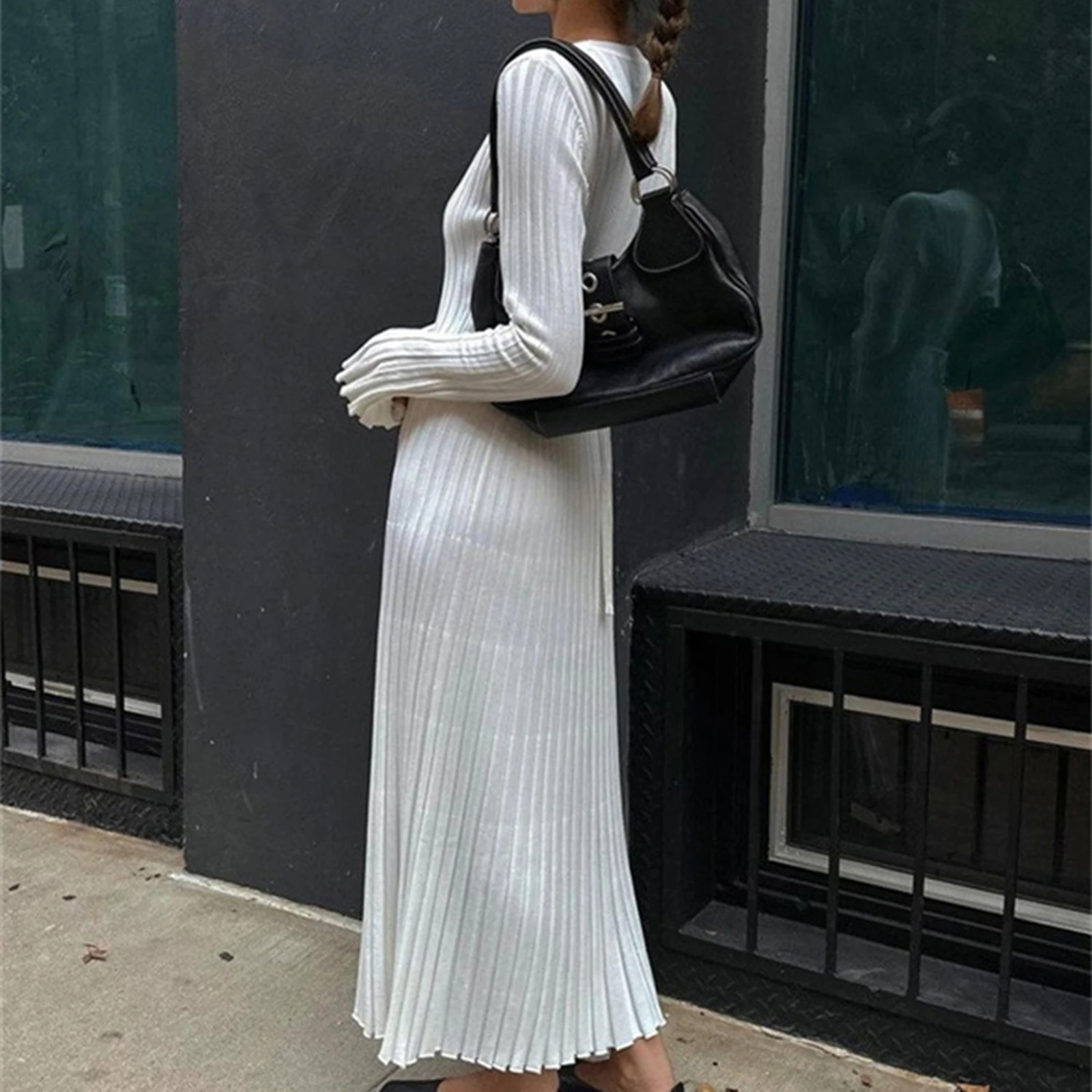 2024 Elegant Women Knit Dress Fashion Long Sleeve Crew Neck Ribbed Solid Fall Long Dress Streetwear Vestidos