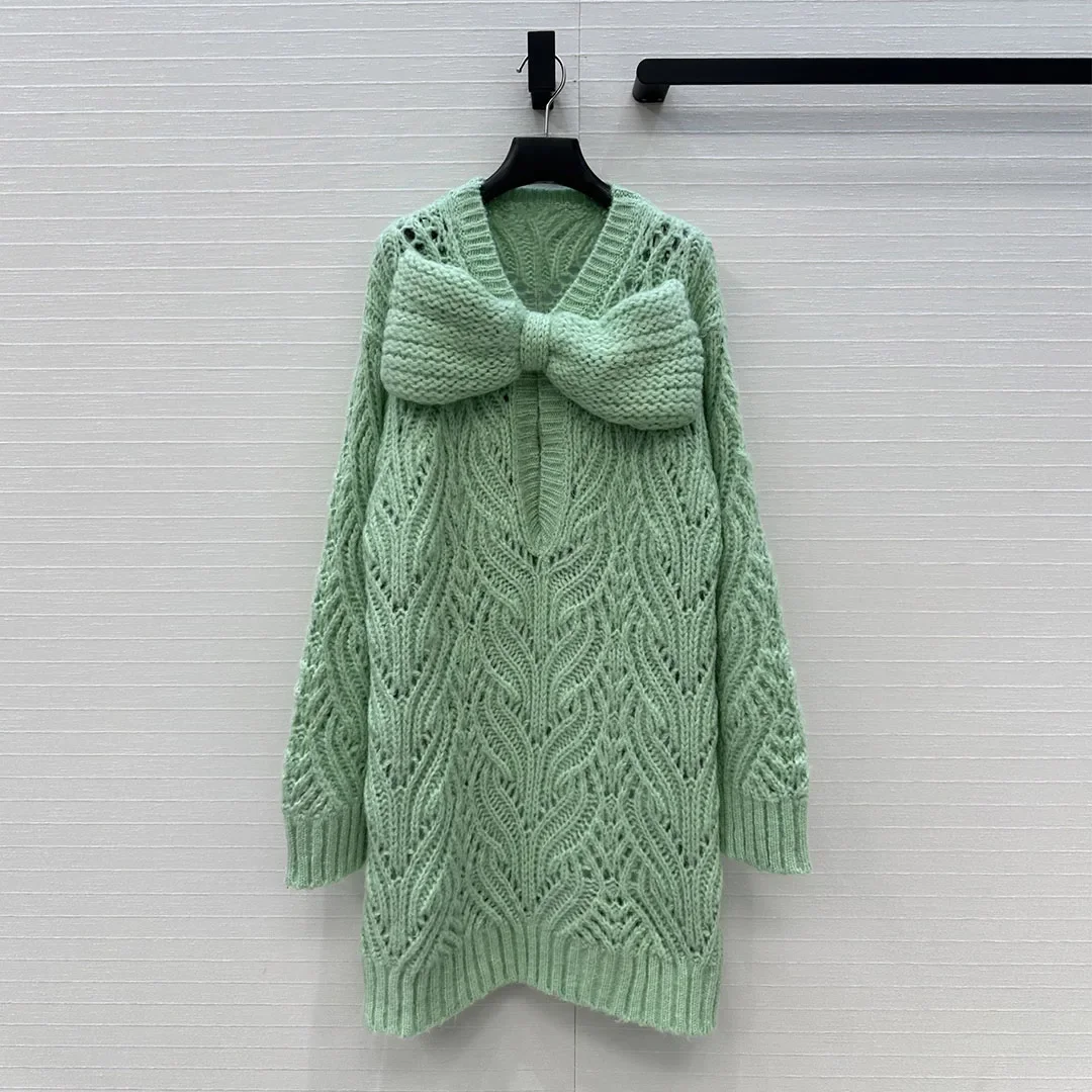 

Женское зеленое платье-свитер из высококачественного мохера, с модным вязаным бантом, элегантное платье-свитер.