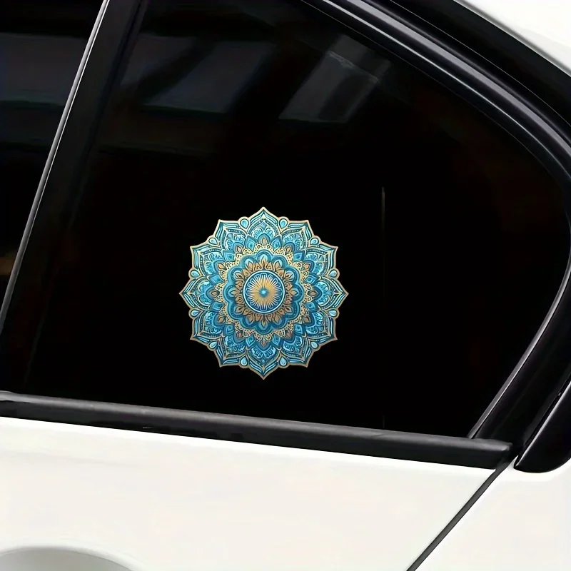 1PC Bohemian Blue Mandala Sticker, Turquoise Golden Pattern Scratch-Resistant Vinyl Decal for Car Truck Laptop Smooth Decor