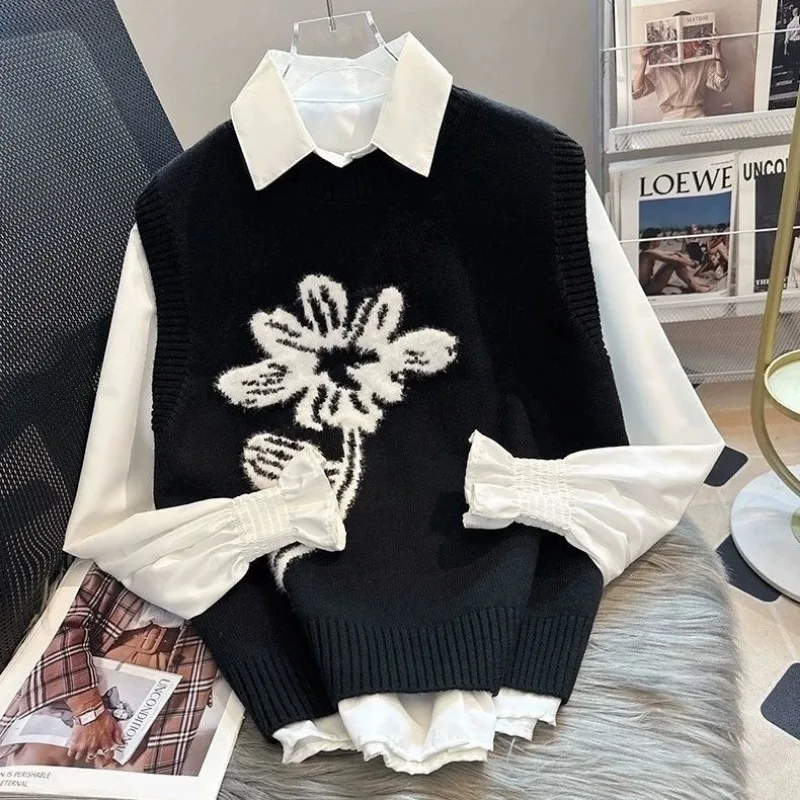 Spring Autumn Women Trendy Flower Jacquard Simple Knitted Sweater Vest Female Vintage O Neck Sleeveless Loose Pullover Waistcoat