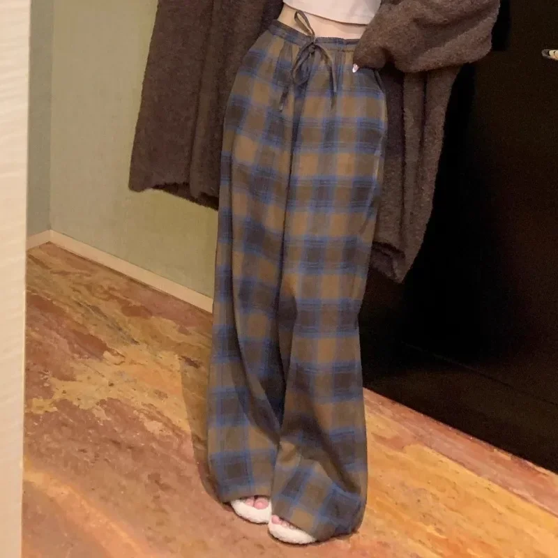 

Autumn Patchwork Drawstring Loose and Lazy Wide Leg High Waisted Straight Leg Pants American Retro Plaid Casual Women's 2025