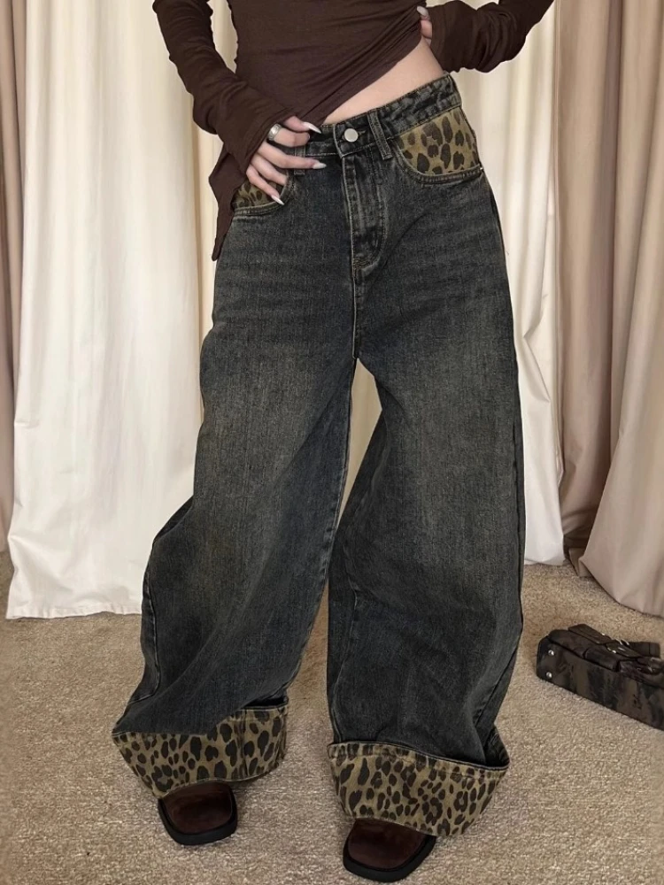 2025 American Retro Y2K Patchwork Denim Pants Women Leopard Print Trousers Oversized Wide Leg Casual Streetwear Jeans Versatile
