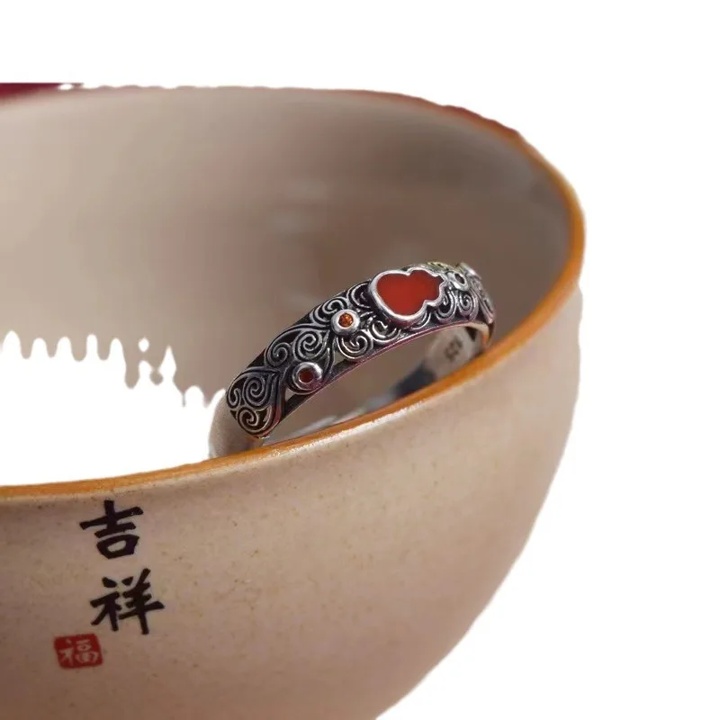 DIY accessories Lucky jasper auspicious cloud gourd ring women's new niche ethnic style retro silver ring national style Fulu op